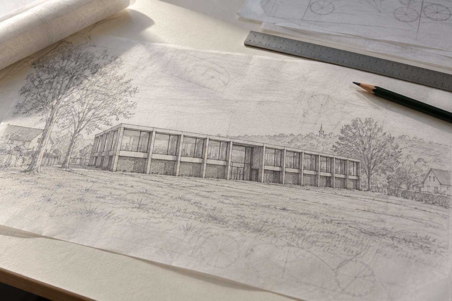 Architectuurschets van een langgerekt gebouw in het landschap op kalkpapier