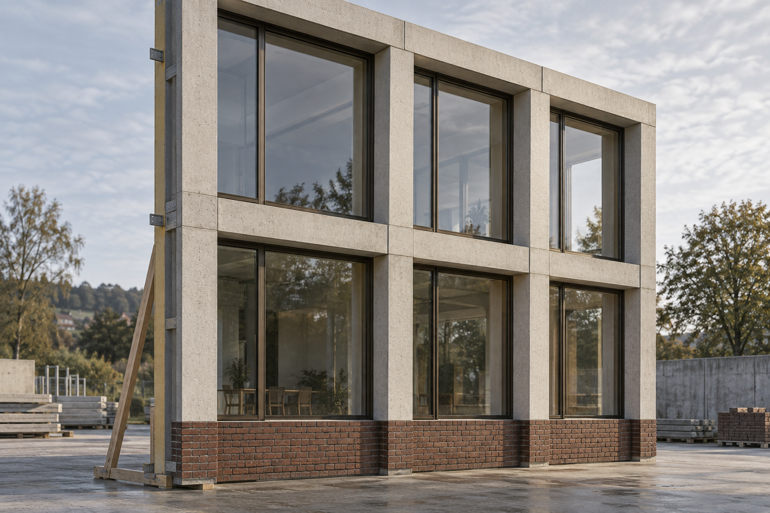 Gevelmock-up van twee bouwlagen met betonnen kaders, grote ramen en een bakstenen plint