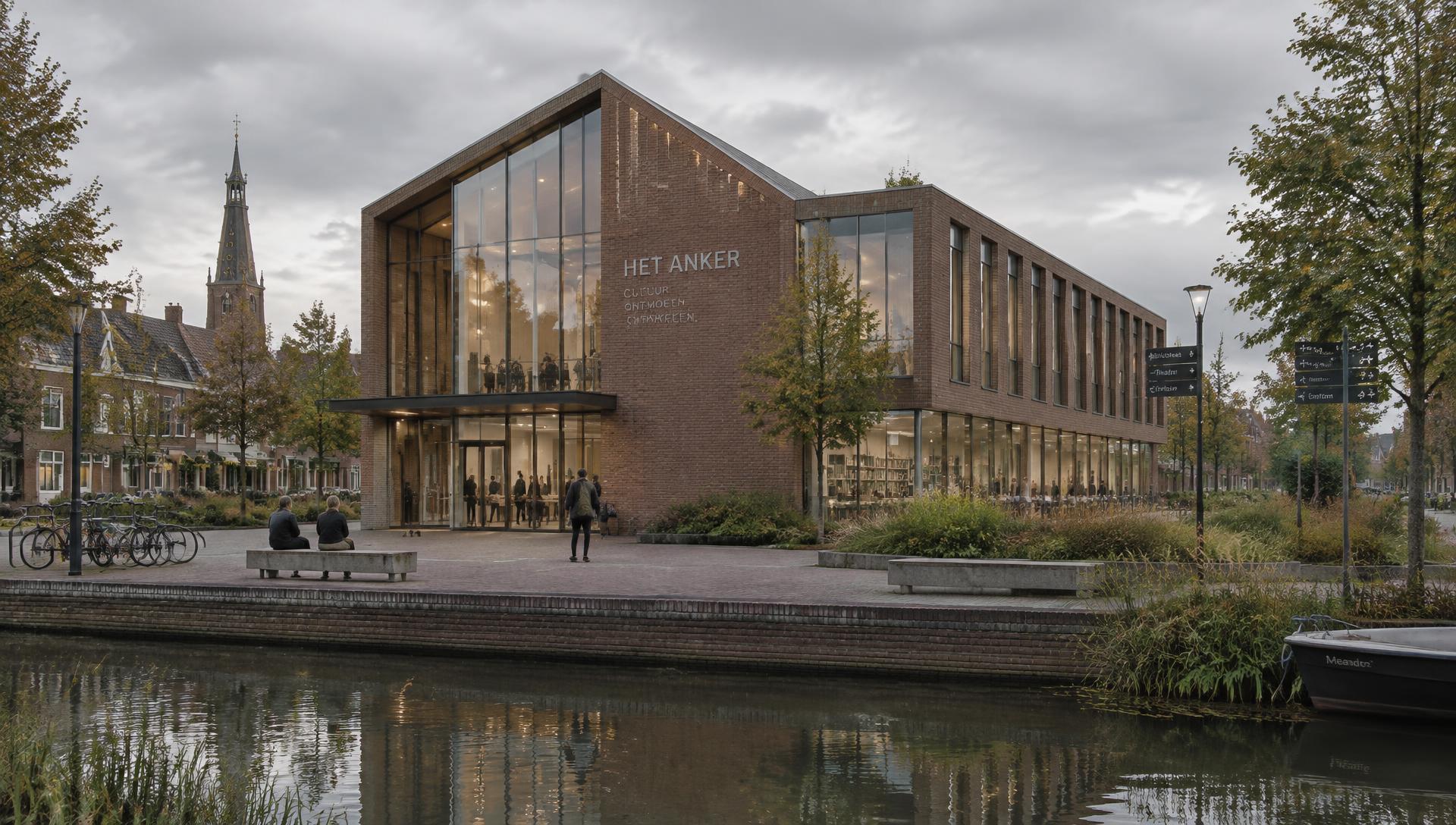 Fotorealistische visualisatie van een fictief bakstenen buurtgebouw aan het water