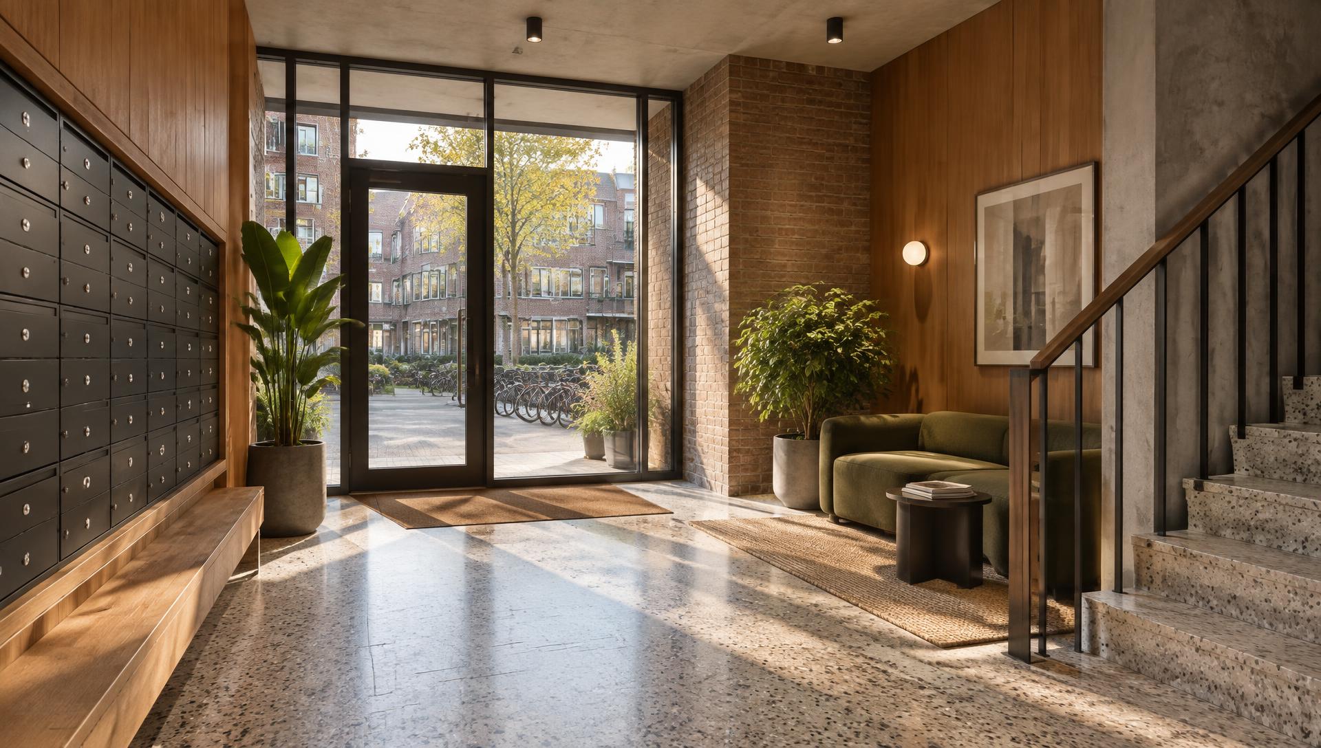 Fictieve warme entreehal van een stedelijk woongebouw met hout, baksteen en terrazzo