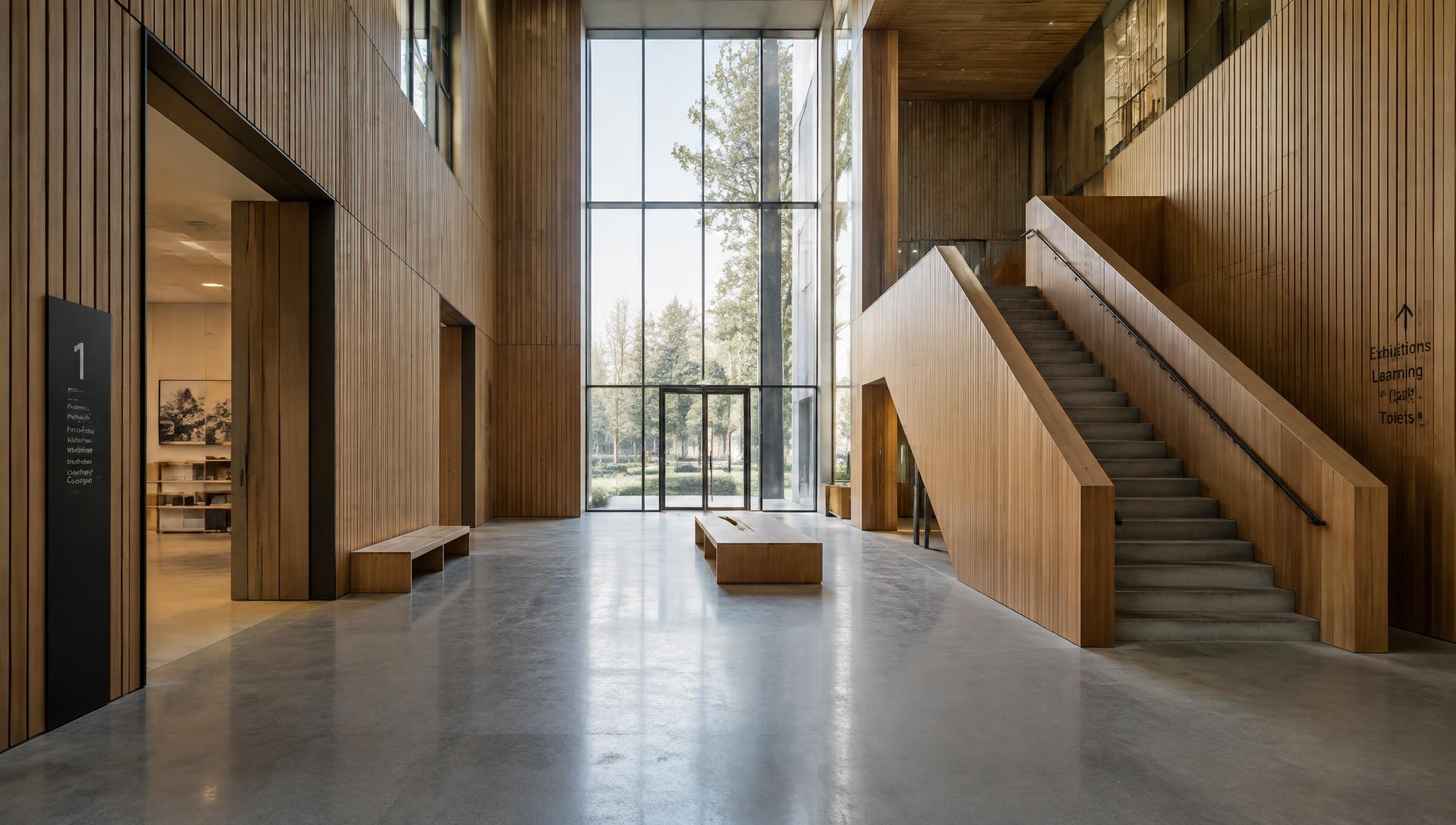 Fictieve entreehal met houten bekleding, betonvloer en daglicht