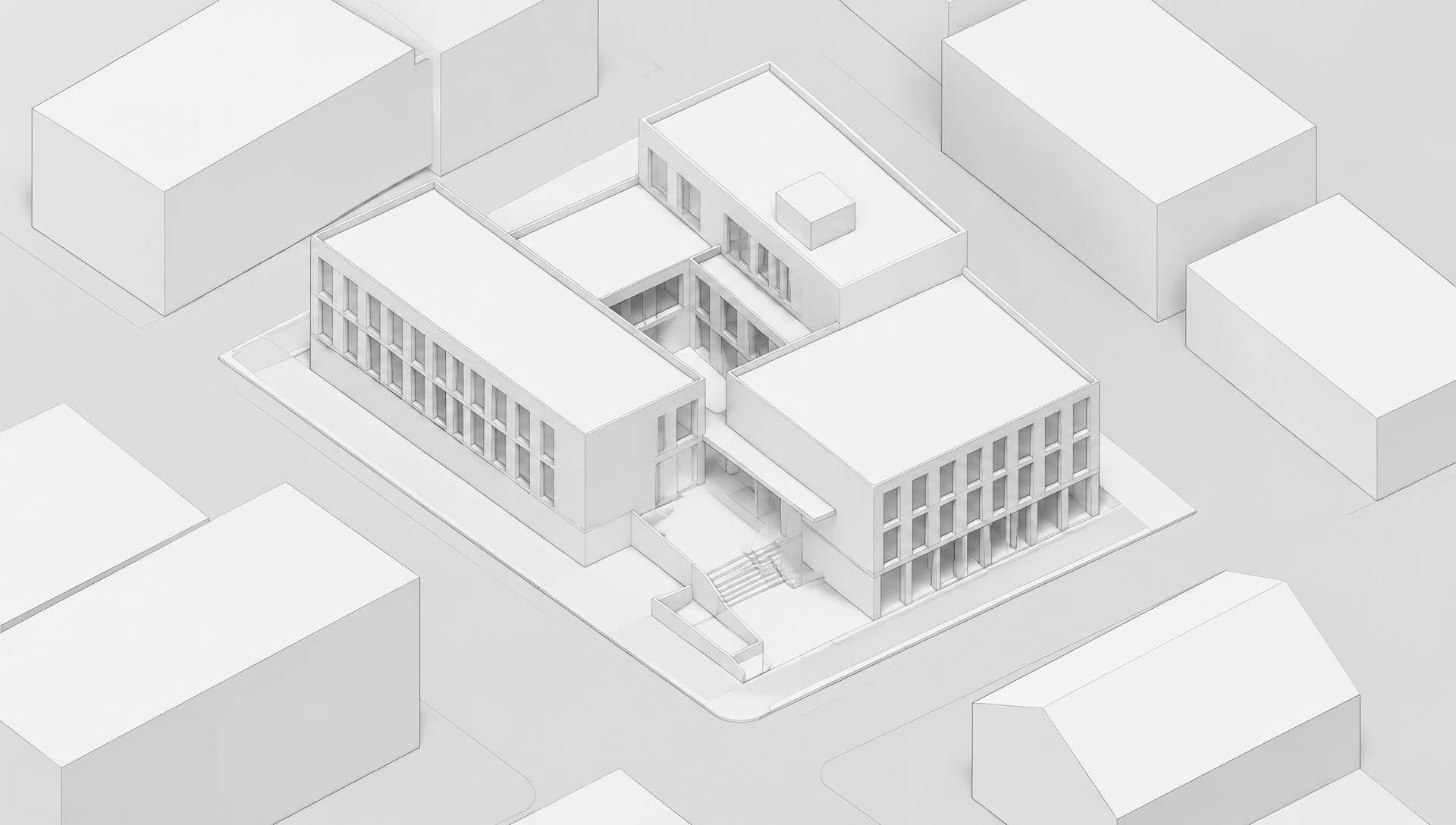 Wit axonometrisch studiemodel met matte volumes en lichte contourlijnen