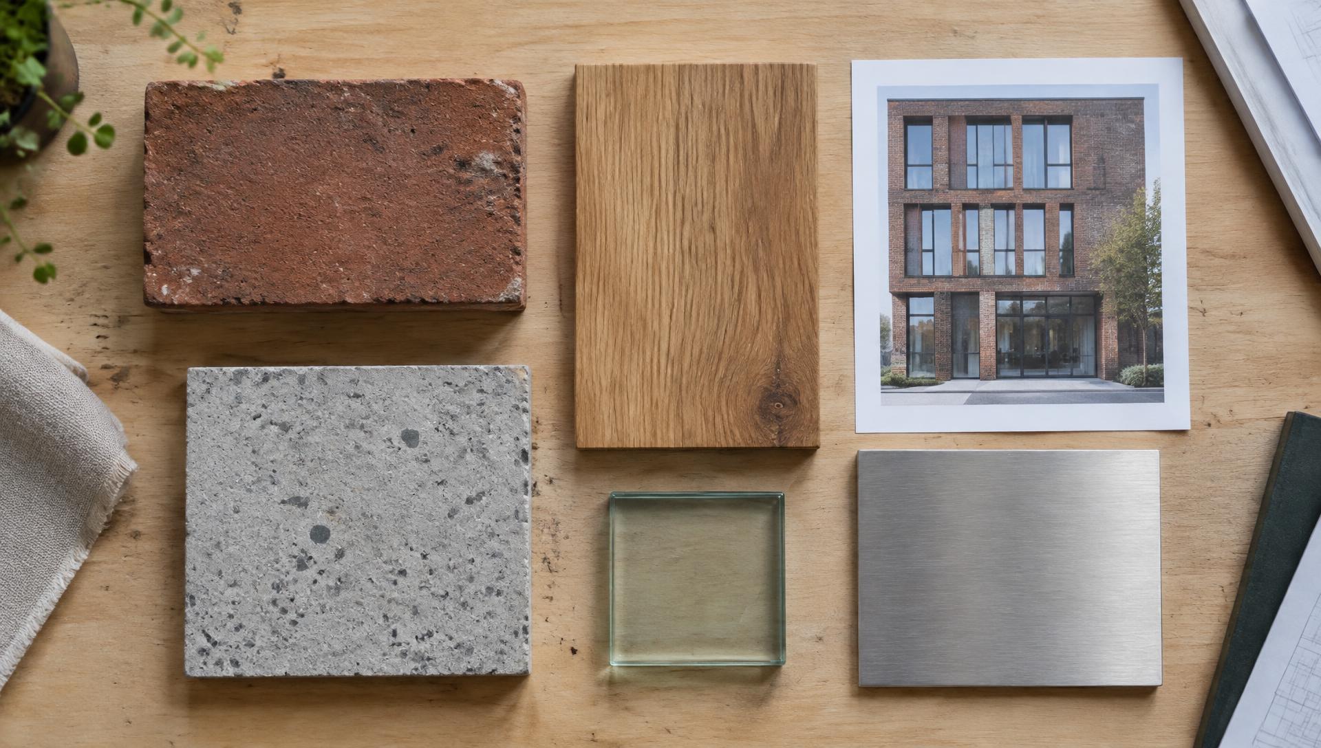 Materiaalmonsters van baksteen, hout, beton, glas en metaal op een houten tafel
