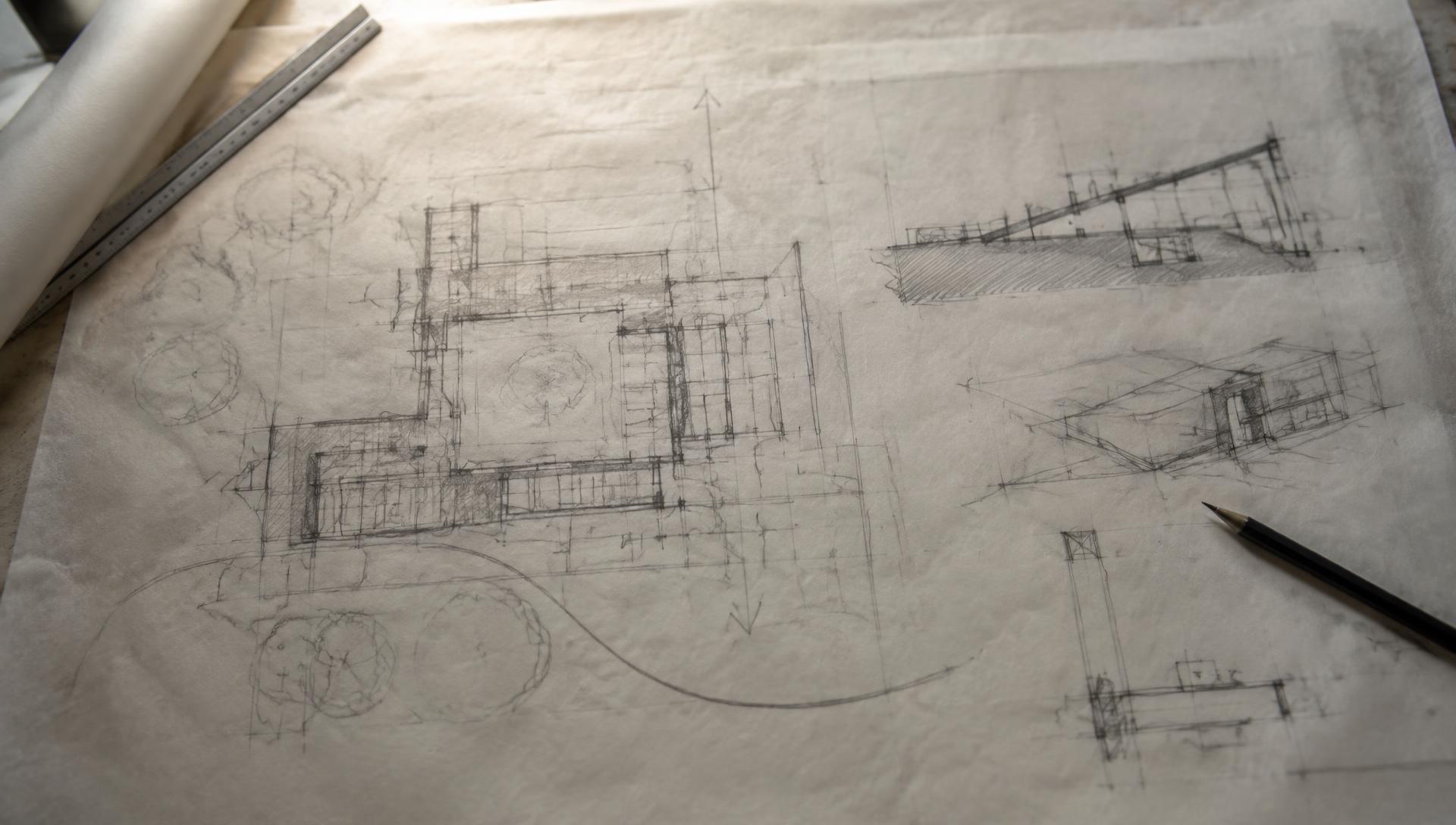 Conceptschets in potlood op kalkpapier met correcties en constructielijnen