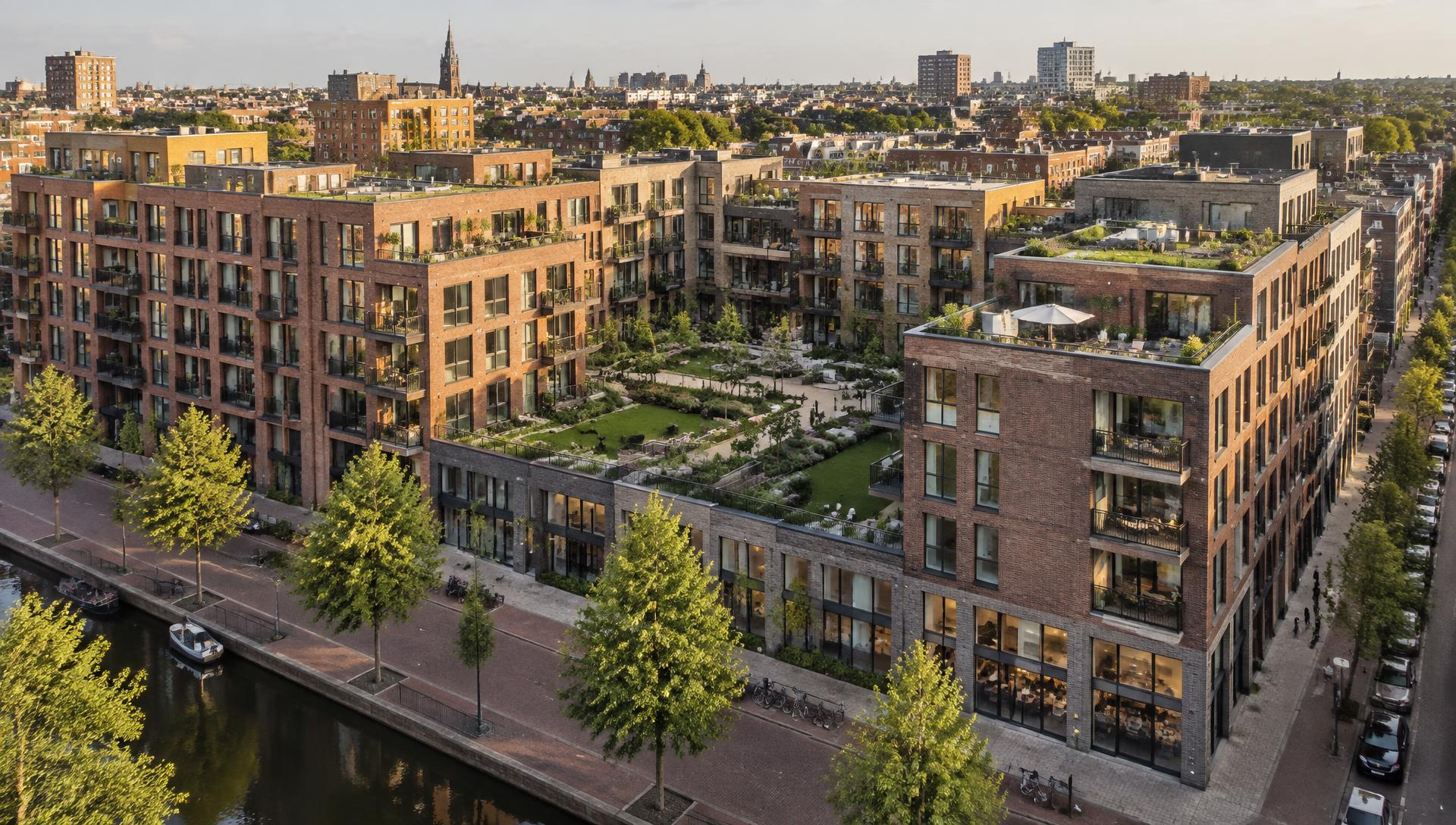 Fictief stedelijk woonblok rond een groene collectieve binnentuin aan het water