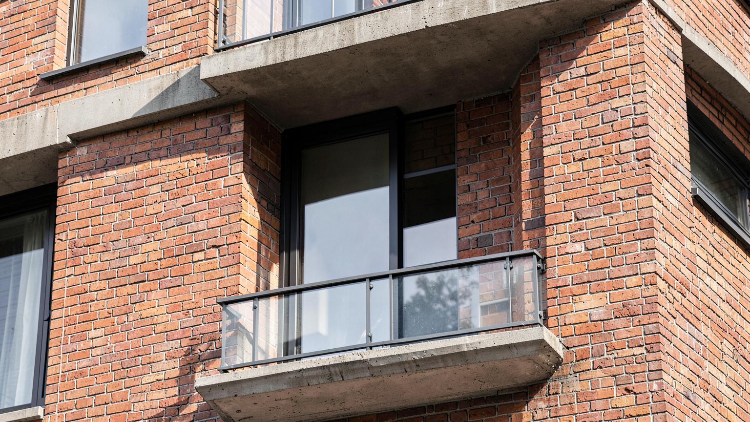 Fictief gevelfragment van een bakstenen woongebouw met diepe raamnegge en betonnen balkonrand